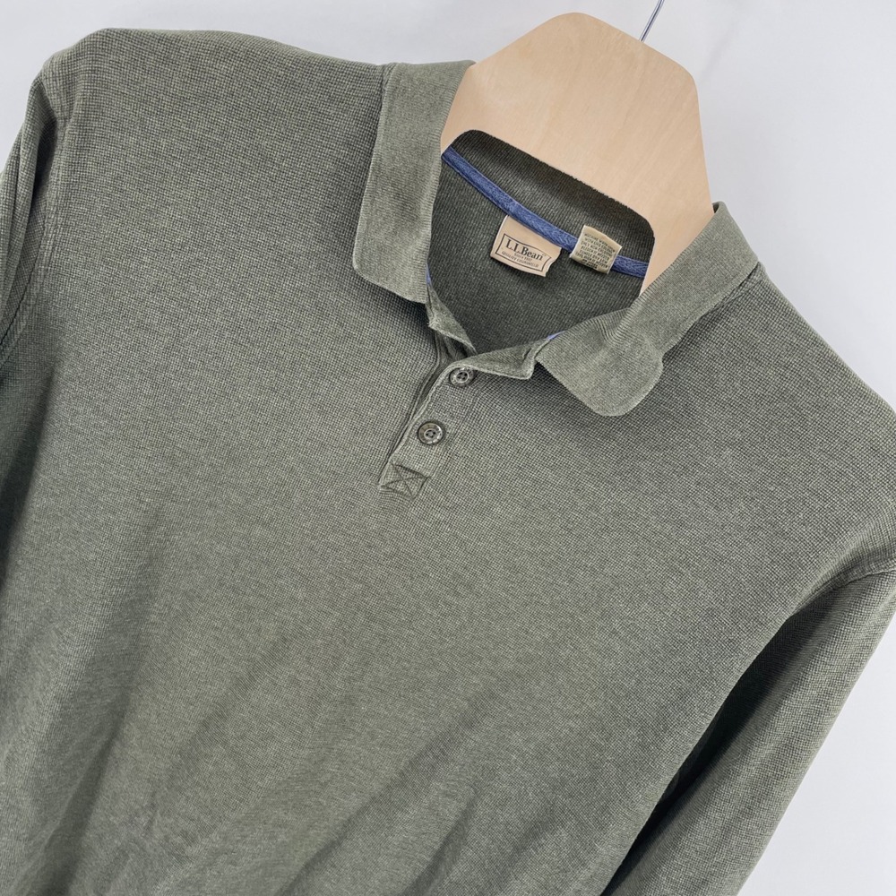 LL Bean Mens XXL Tall Long Sleeve Waffle Knit Polo Shirt Olive Green Cotton KB63